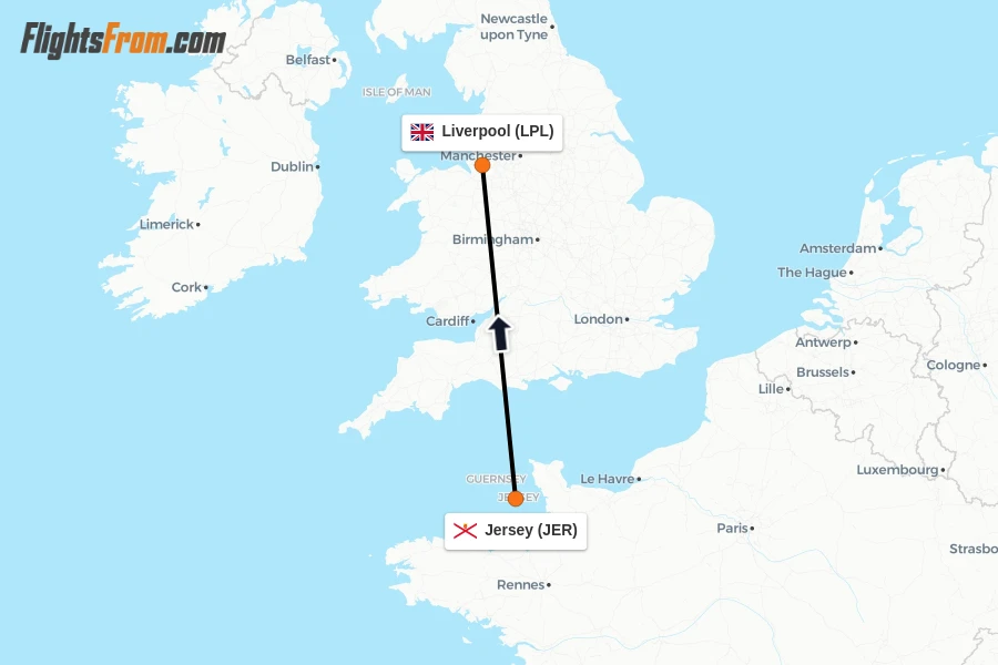 Flights from Jersey to Liverpool route map