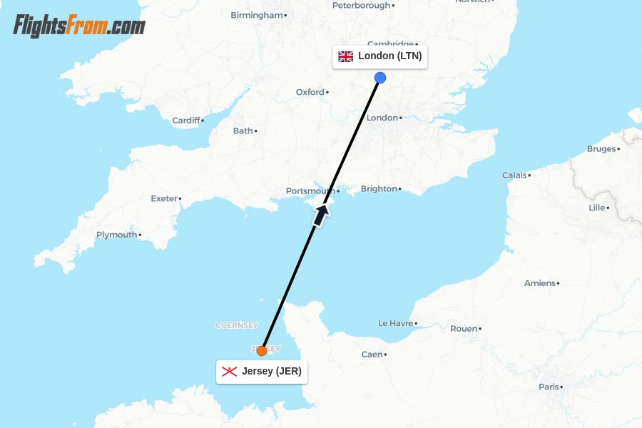 Flights from Jersey to London route map