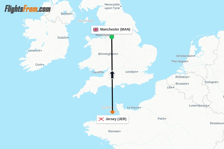 Flights from Jersey to Manchester route map