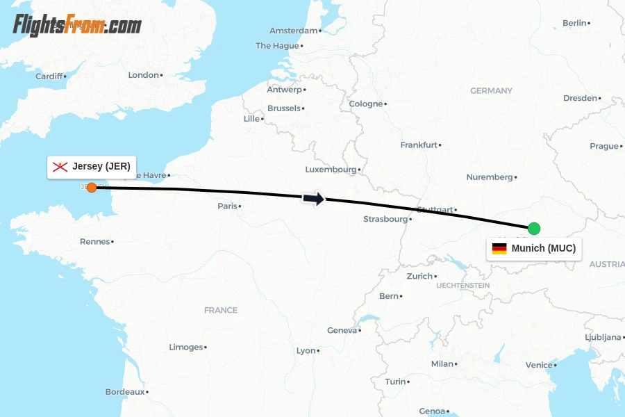 Flights from Jersey to Munich route map