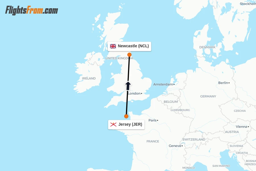 Flights from Jersey to Newcastle route map