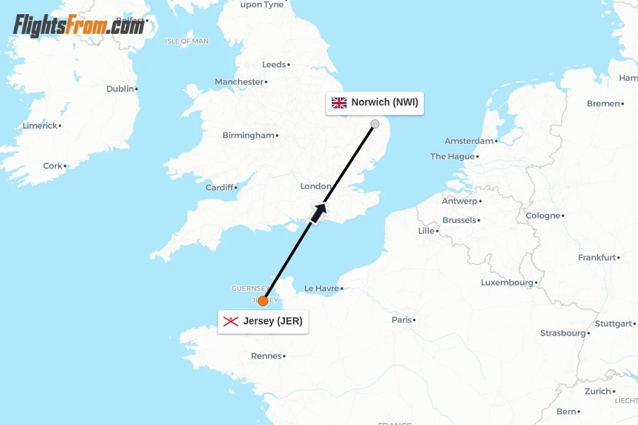Flights from Jersey to Norwich route map
