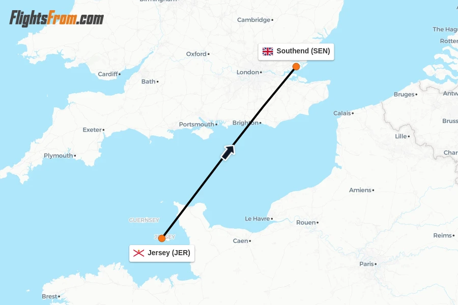Flights from Jersey to Southend route map