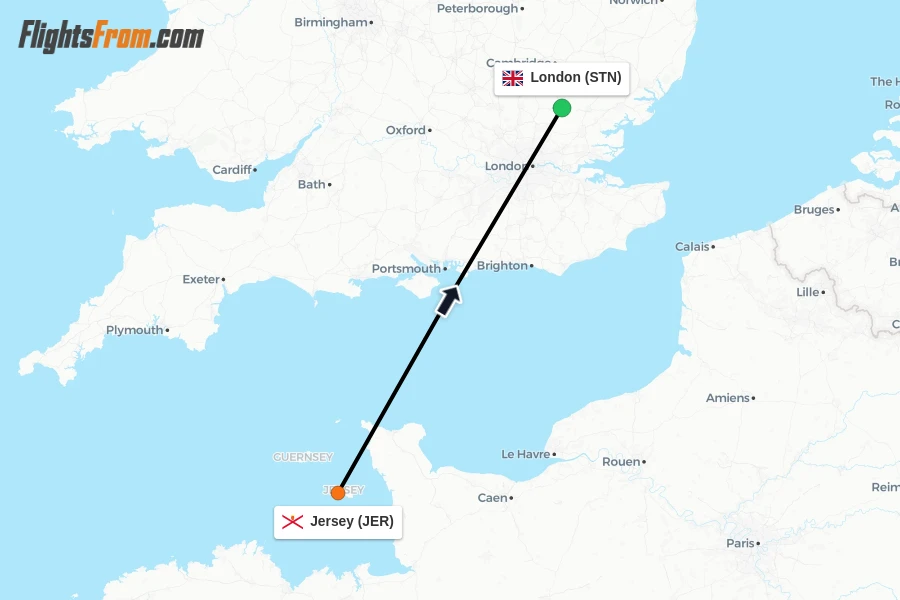 Flights from Jersey to London route map