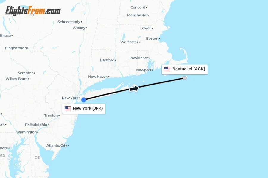 Flights from New York to Nantucket route map