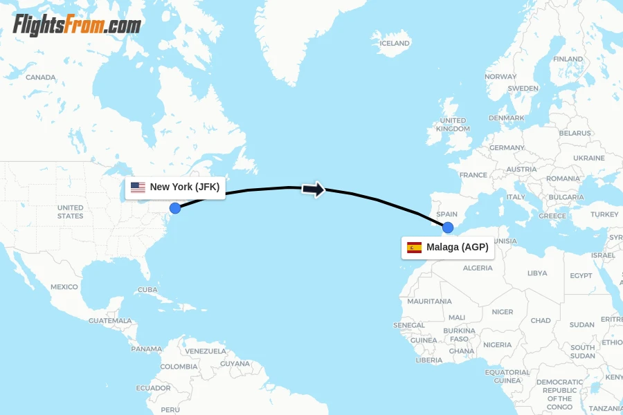 Flights from New York to Malaga route map