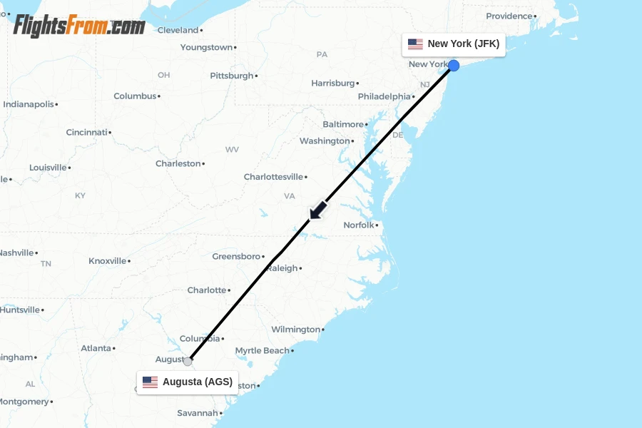 Flights from New York to Augusta route map