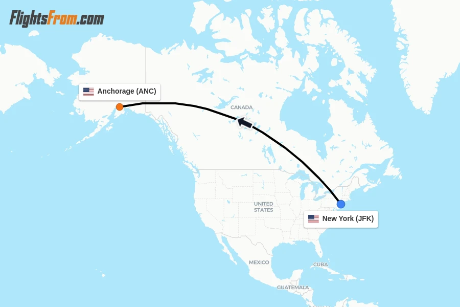 Flights from New York to Anchorage route map