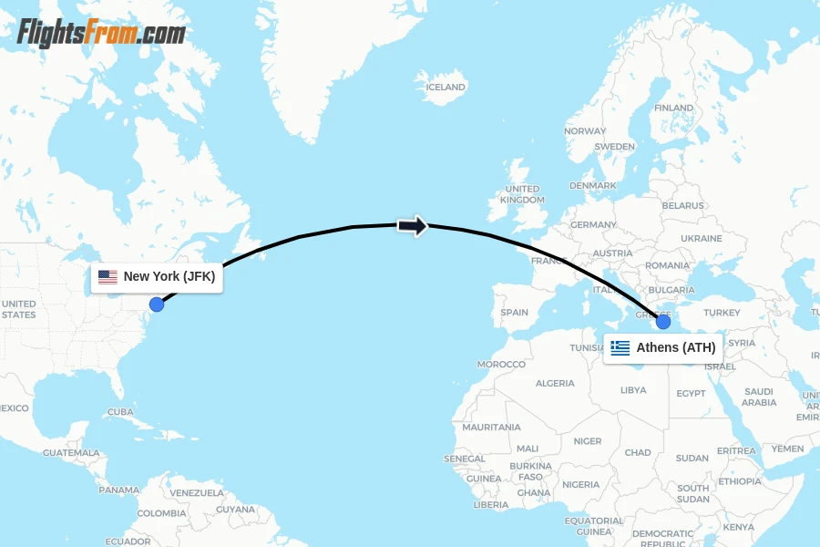 Flights from New York to Athens route map