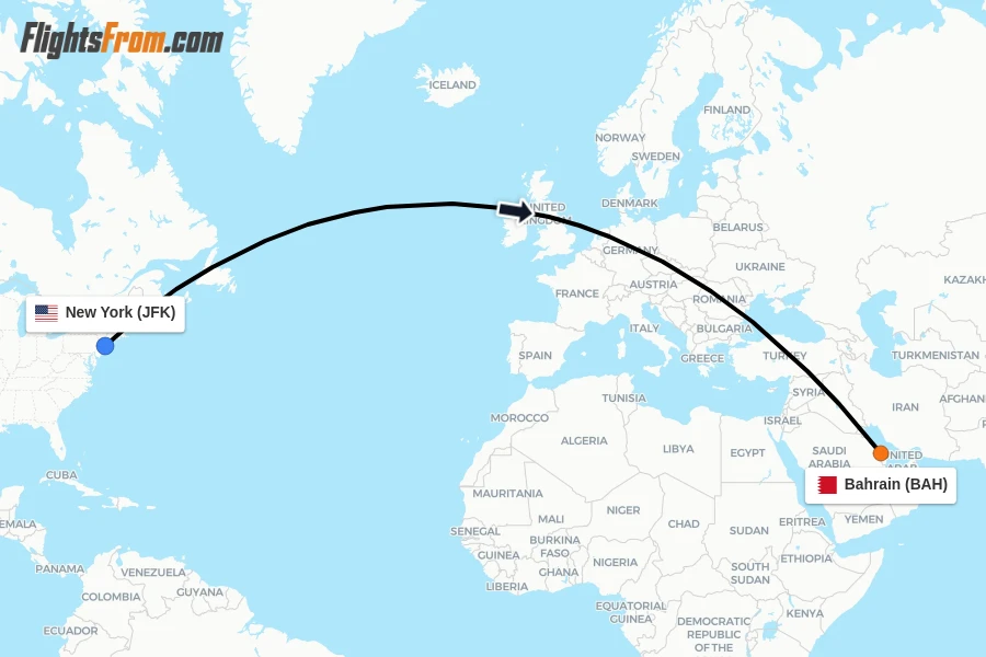 Flights from New York to Bahrain route map