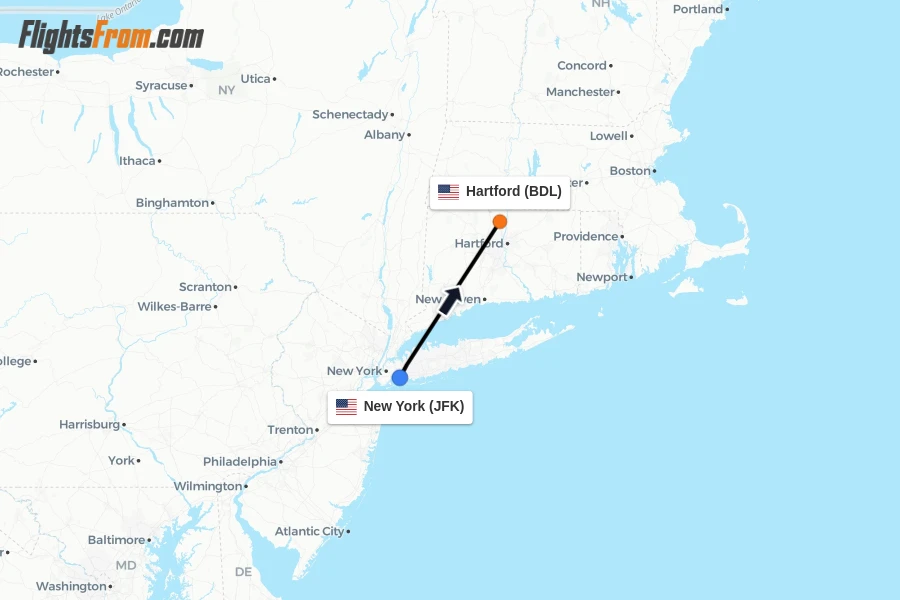 Flights from New York to Hartford route map