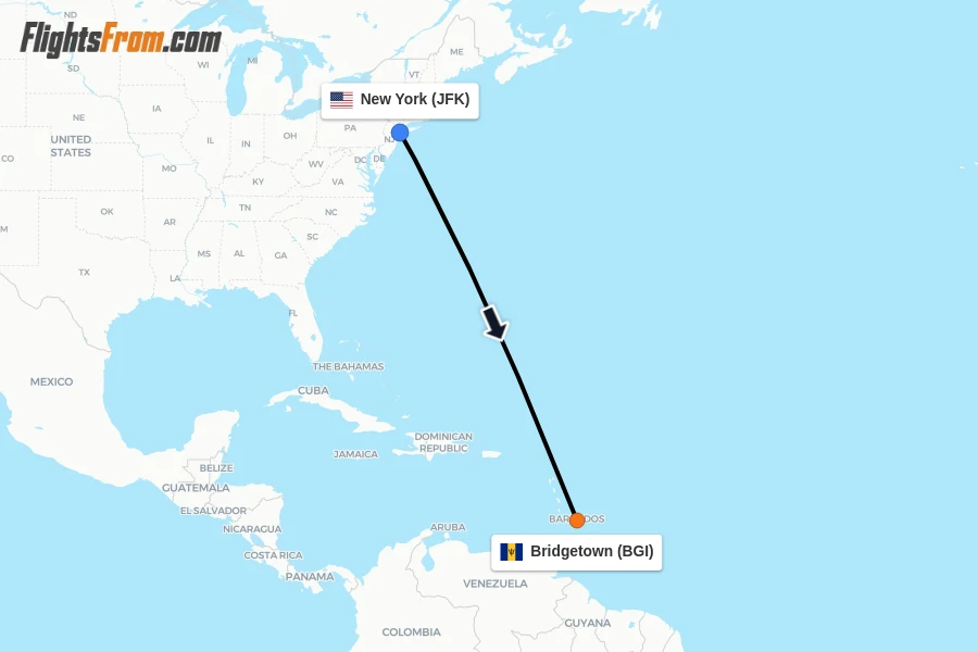 Flights from New York to Bridgetown route map