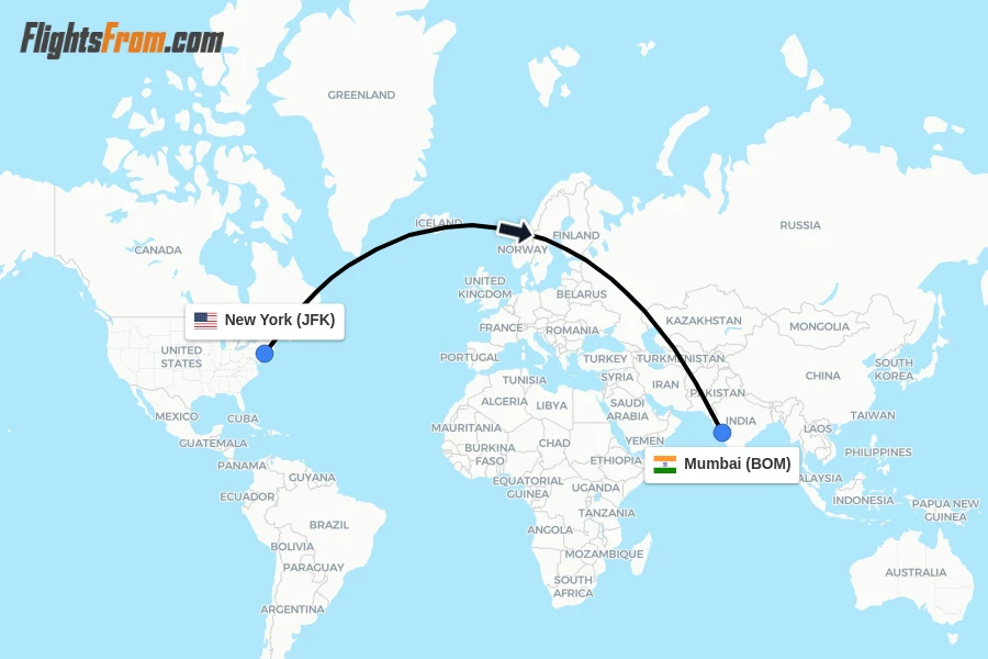 Flights from New York to Mumbai route map