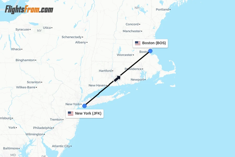 Flights from New York to Boston route map