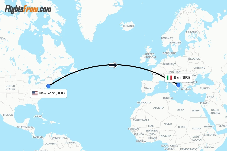 Flights from New York to Bari route map