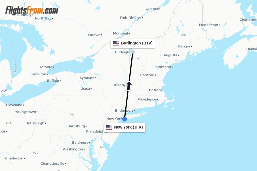 Flights from New York to Burlington route map