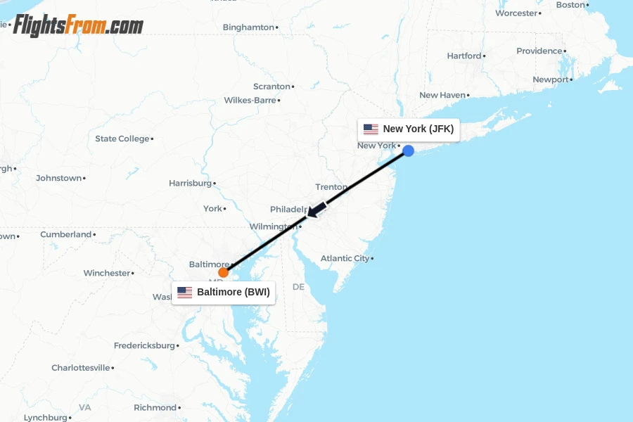 Flights from New York to Baltimore route map