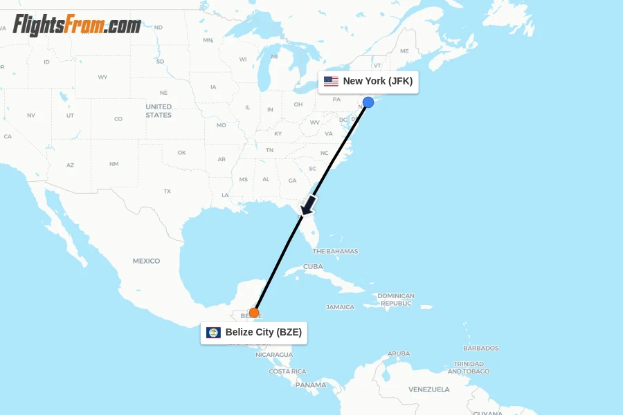Flights from New York to Belize City route map