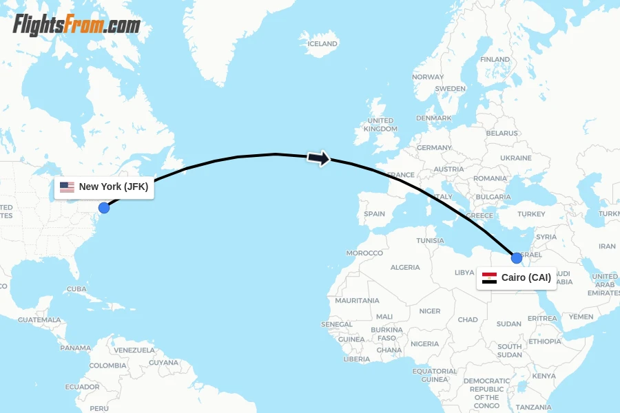 Flights from New York to Cairo route map