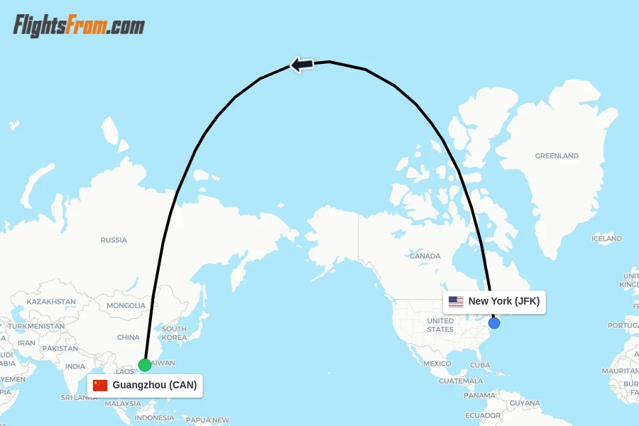 Flights from New York to Guangzhou route map