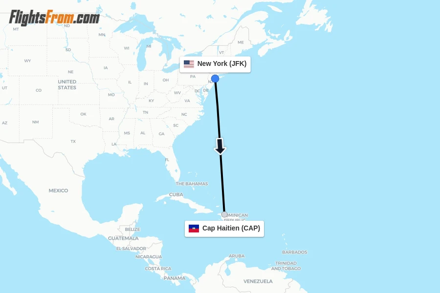 Flights from New York to Cap Haitien route map