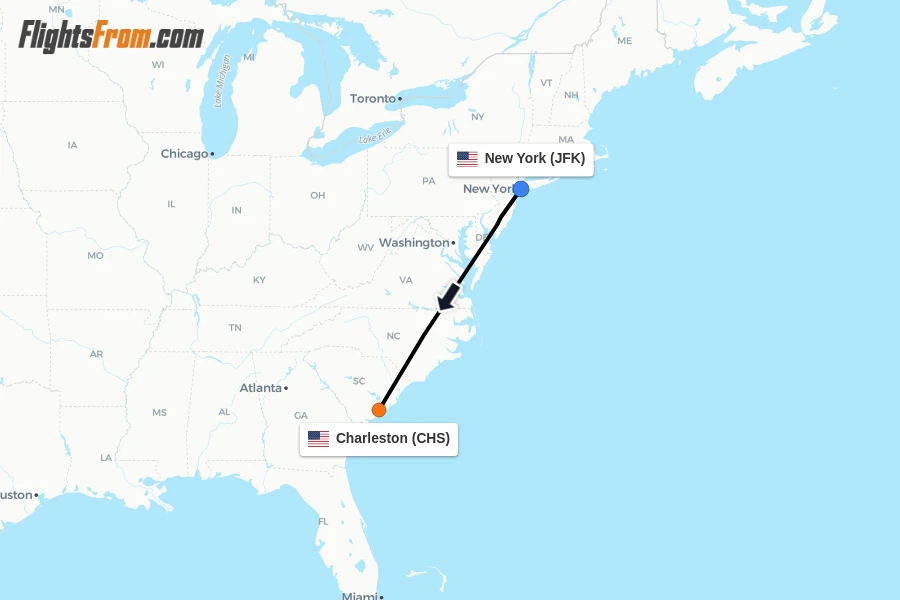 Flights from New York to Charleston route map