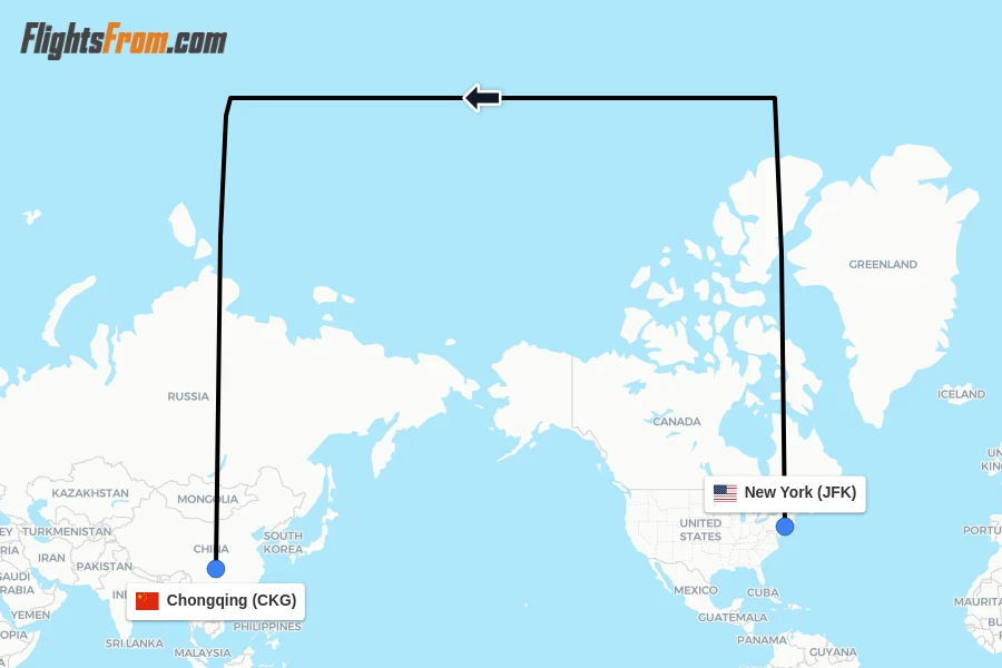 Flights from New York to Chongqing route map