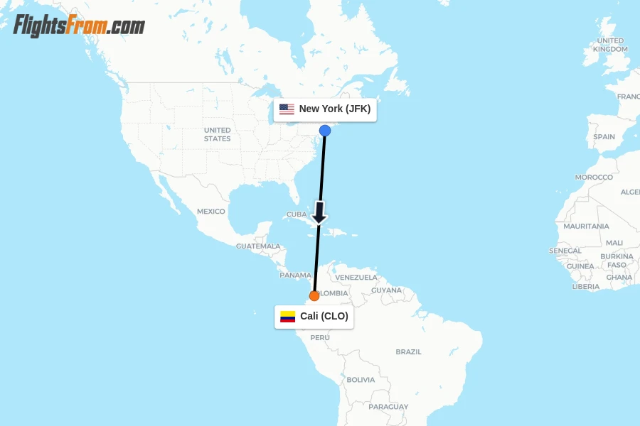 Flights from New York to Cali route map