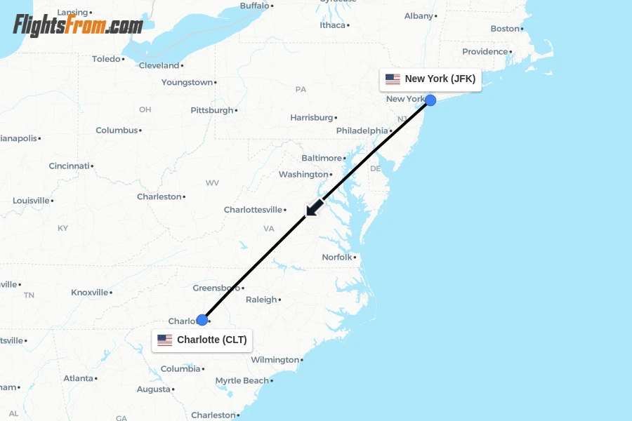 Flights from New York to Charlotte route map