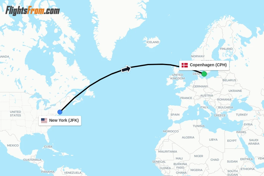 Flights from New York to Copenhagen route map