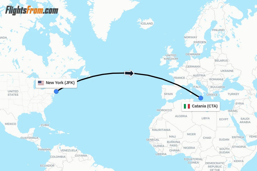 Flights from New York to Catania route map