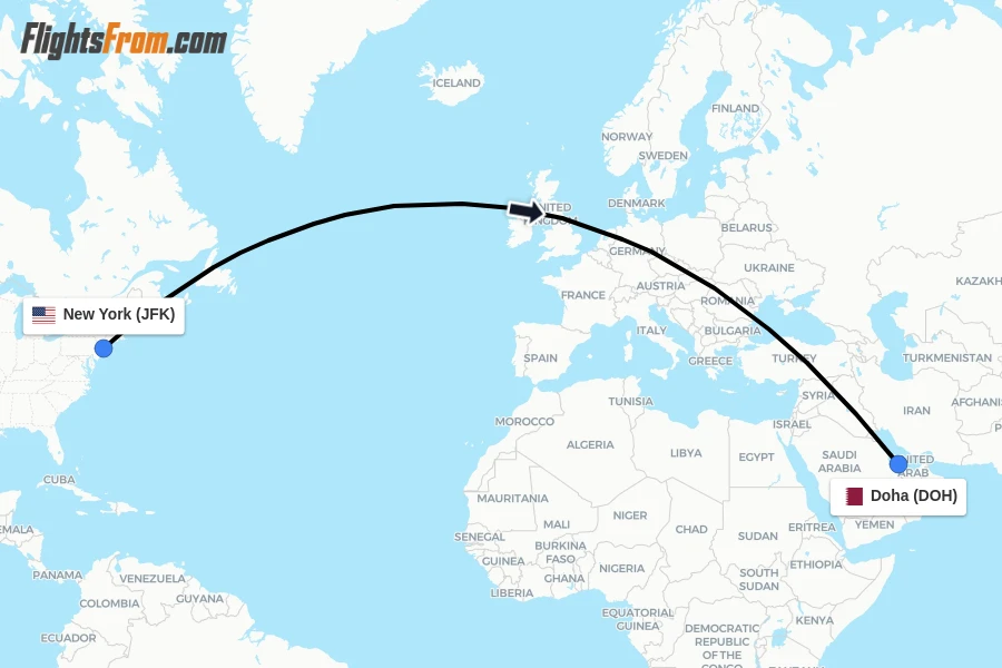 Flights from New York to Doha route map