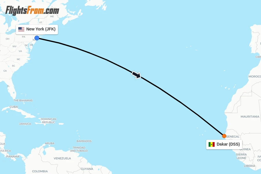 Flights from New York to Dakar route map