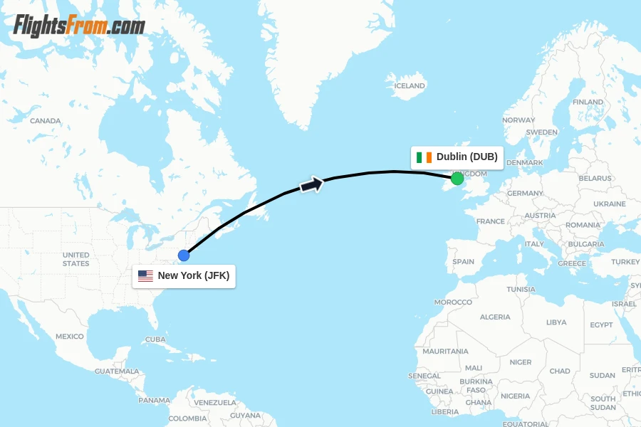 Flights from New York to Dublin route map