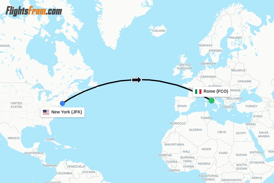 Flights from New York to Rome route map