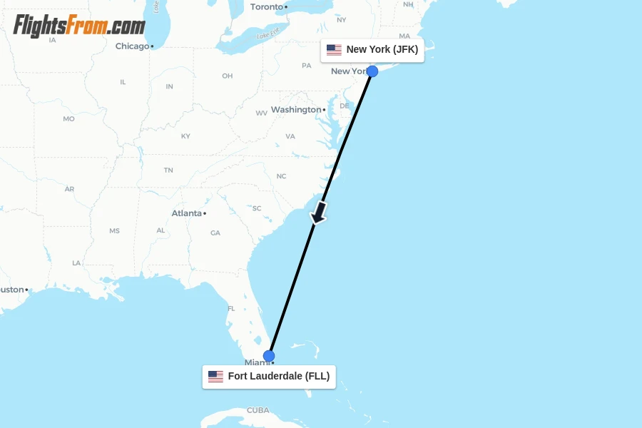 Flights from New York to Fort Lauderdale route map