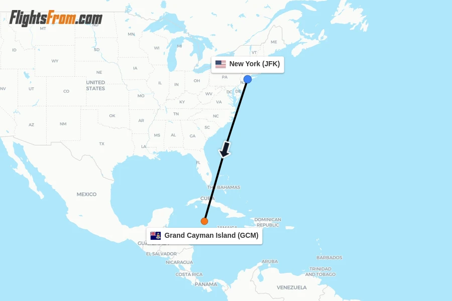 Flights from New York to Grand Cayman Island route map