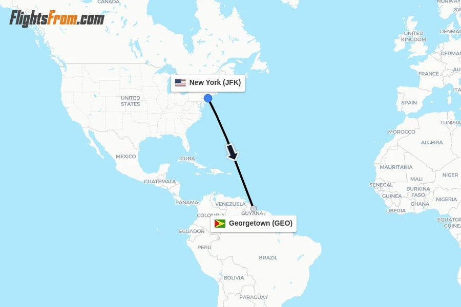 Flights from New York to Georgetown route map