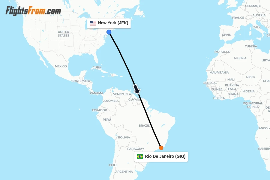Flights from New York to Rio De Janeiro route map