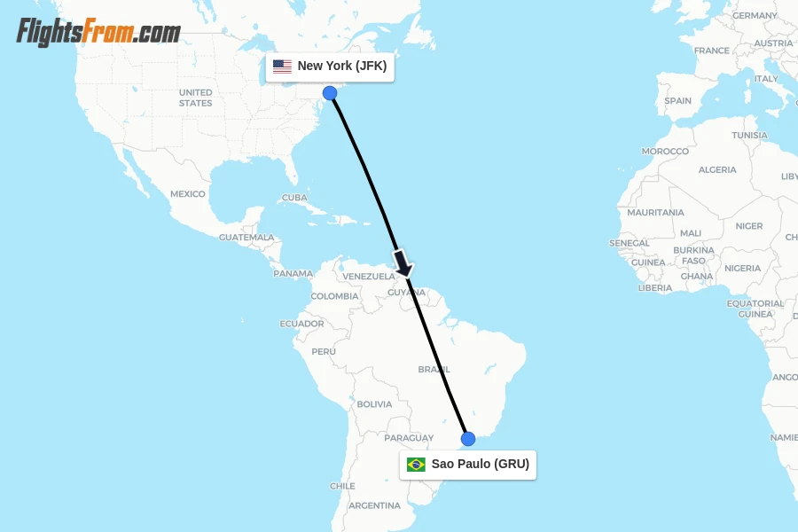 Flights from New York to Sao Paulo route map