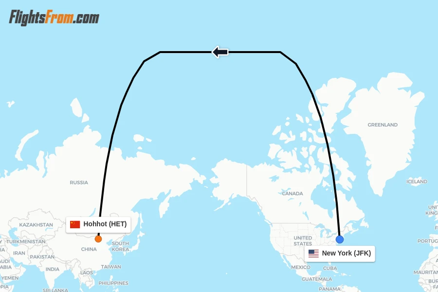 Flights from New York to Hohhot route map