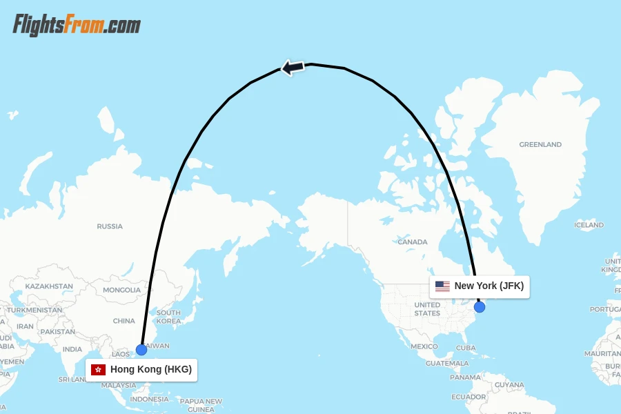 Flights from New York to Hong Kong route map