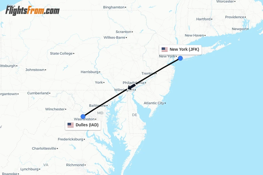 Flights from New York to Dulles route map