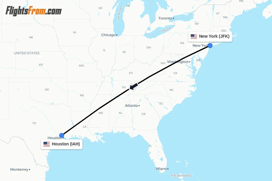 Flights from New York to Houston route map