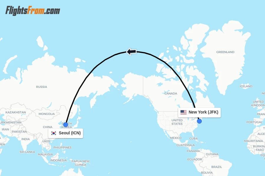 Flights from New York to Seoul route map