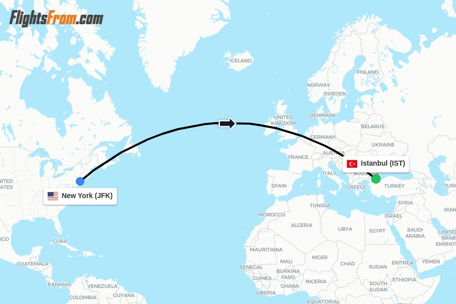 Flights from New York to Istanbul route map