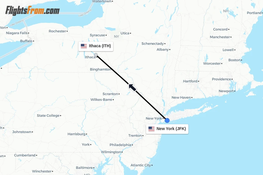 Flights from New York to Ithaca route map