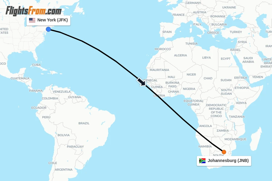 Flights from New York to Johannesburg route map