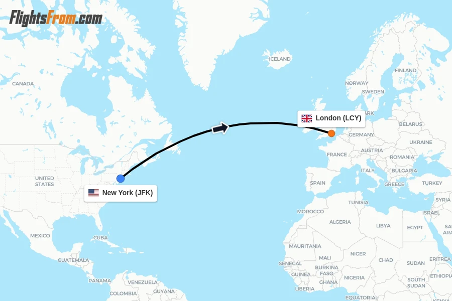 Flights from New York to London route map