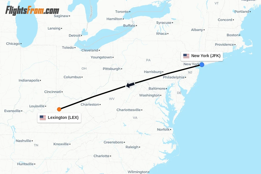 Flights from New York to Lexington route map